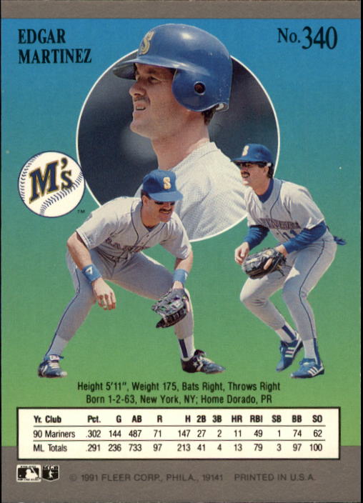 1991 Ultra #340 Edgar Martinez UER/Listed as playing SS back image