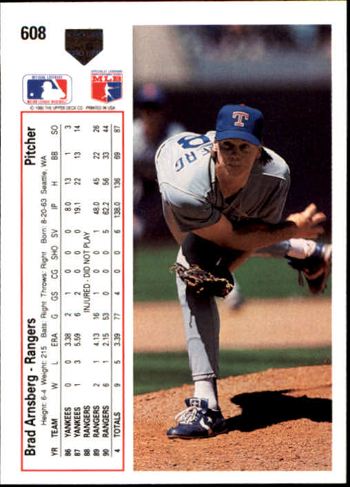 1991 Upper Deck #608 Brad Arnsberg back image