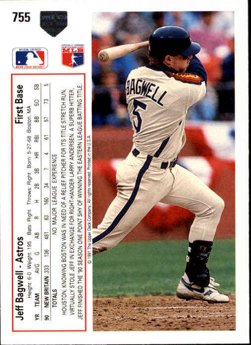 1991 Upper Deck #755 Jeff Bagwell UER RC/Strikeout and walk/totals reversed back image