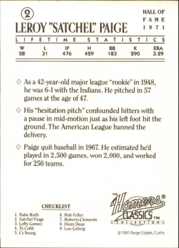 1991 Homers Cookies Classics #2 Satchel Paige - NM-MT