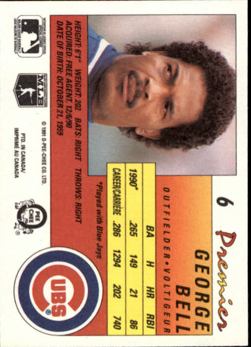 1991 O-Pee-Chee Premier #6 George Bell back image