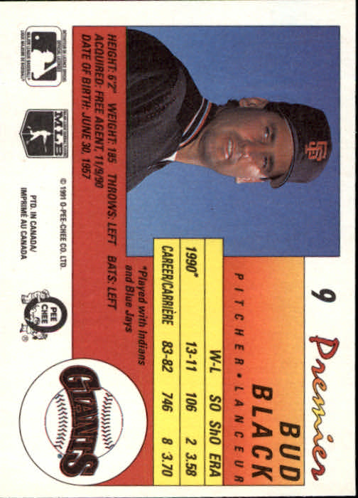 1991 O-Pee-Chee Premier #9 Bud Black back image