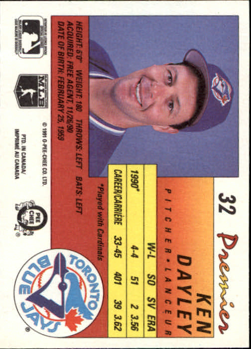 1991 O-Pee-Chee Premier #32 Ken Dayley back image