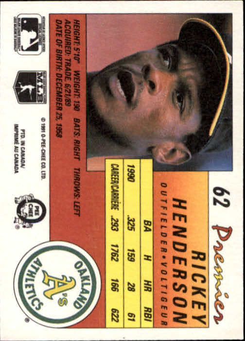 1991 O-Pee-Chee Premier #62 Rickey Henderson back image