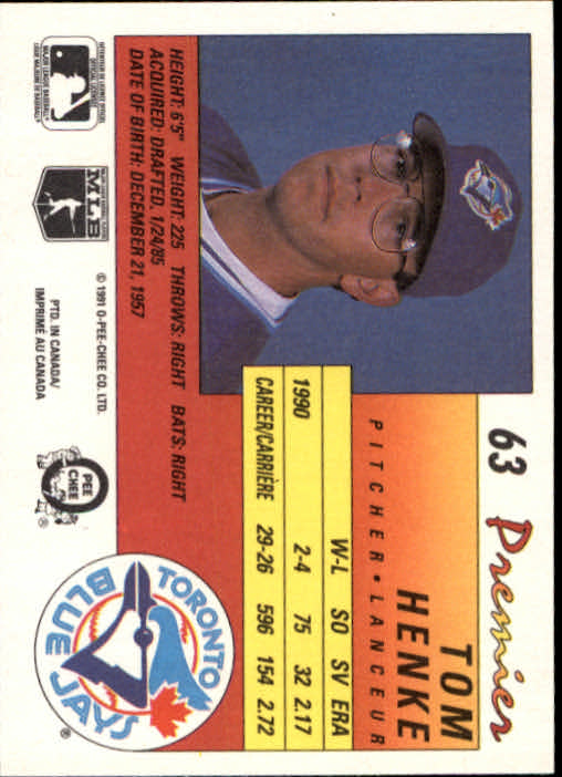 1991 O-Pee-Chee Premier #63 Tom Henke back image