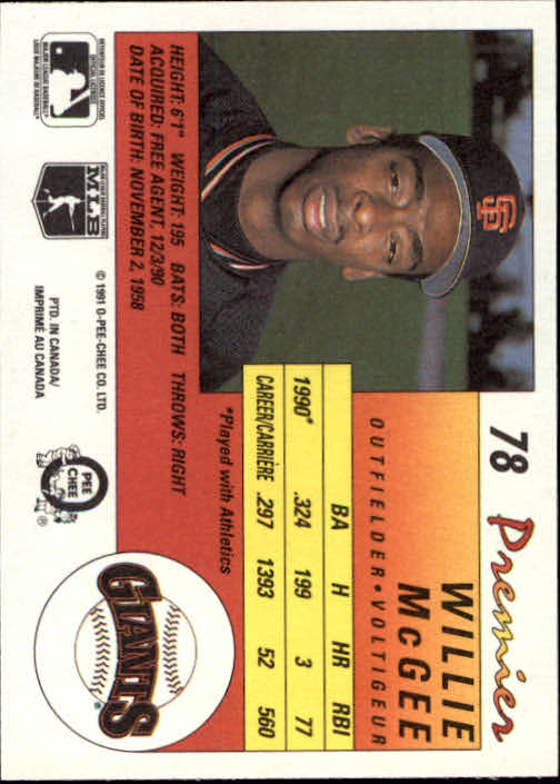 1991 O-Pee-Chee Premier #78 Willie McGee back image