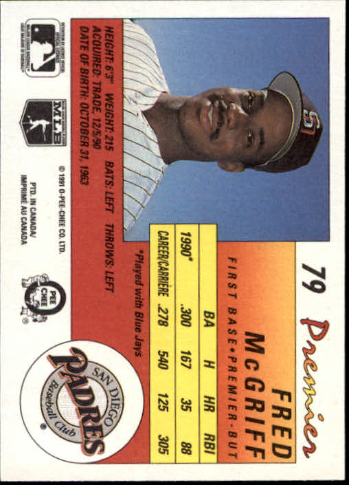 1991 O-Pee-Chee Premier #79 Fred McGriff back image