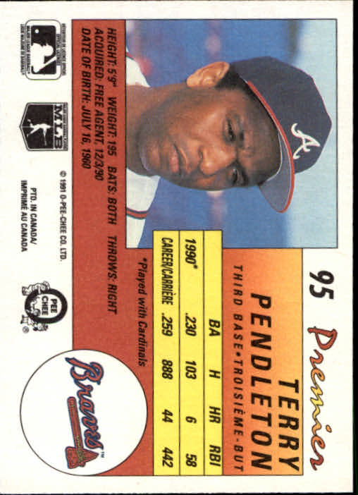 1991 O-Pee-Chee Premier #95 Terry Pendleton back image