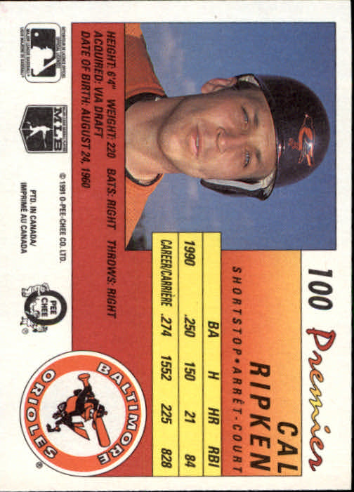 1991 O-Pee-Chee Premier #100 Cal Ripken back image