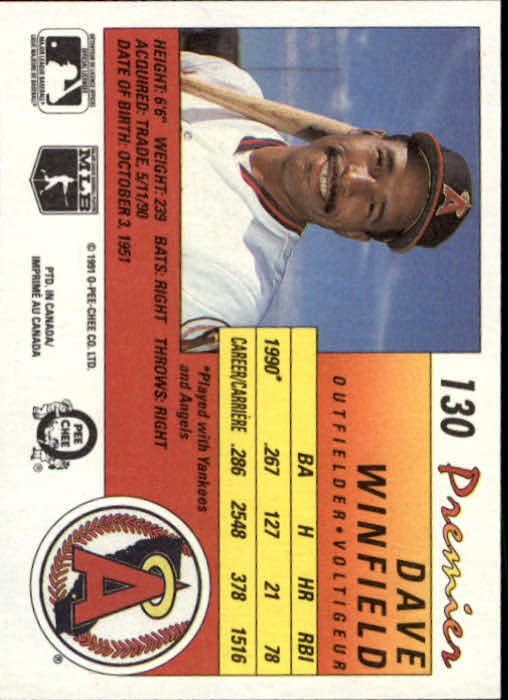 1991 O-Pee-Chee Premier #130 Dave Winfield back image