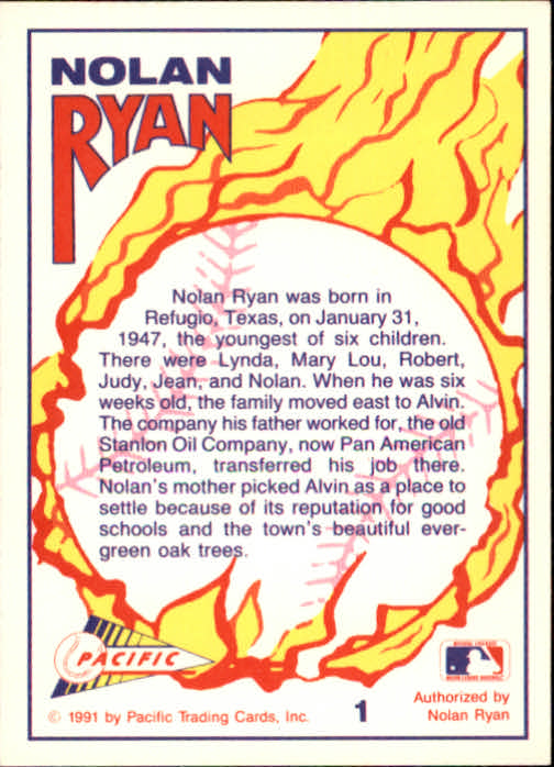1991 Pacific Ryan Texas Express I #1 Nolan Ryan/Future Hall of Famer back image