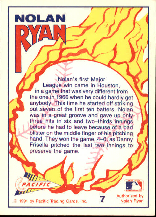1991 Pacific Ryan Texas Express I #7 Nolan Ryan/First Major League/Win back image