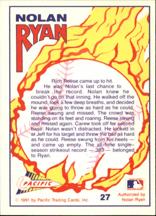 1991 Pacific Ryan Texas Express I #27 Nolan Ryan/Single Season Strikeout Record back image