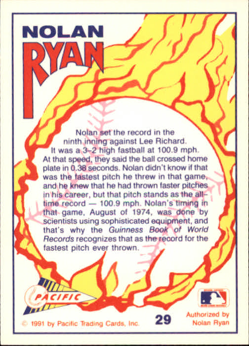 1991 Pacific Ryan Texas Express I #29 Nolan Ryan/Fastest Pitch Ever Thrown/Clocked at back image