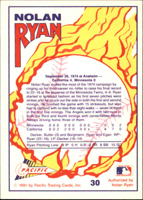 1991 Pacific Ryan Texas Express I #30 Nolan Ryan/No-Hitter Number 3 back image