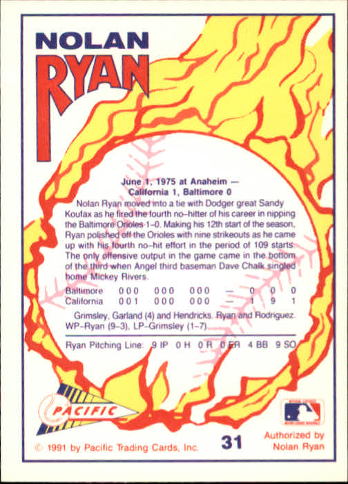 1991 Pacific Ryan Texas Express I #31 Nolan Ryan/No-Hitter Number 4 back image
