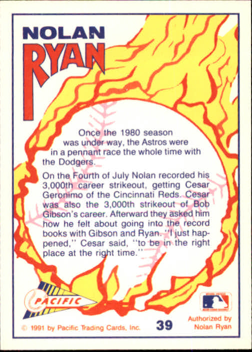 1991 Pacific Ryan Texas Express I #39 Nolan Ryan/3,000 Career Strikeout back image