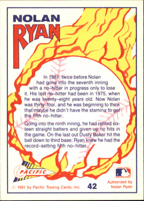 1991 Pacific Ryan Texas Express I #42 Nolan Ryan/Record 5th No-Hitter back image