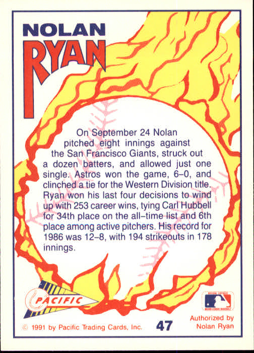 1991 Pacific Ryan Texas Express I #47 Nolan Ryan/Astros win/Western Division Title back image