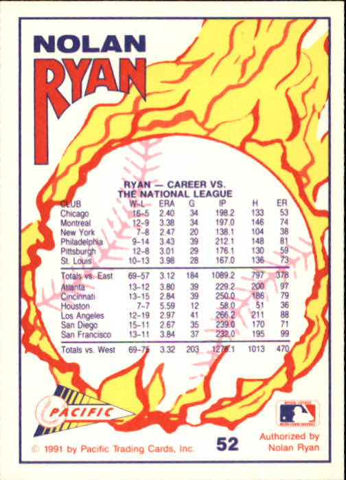 1991 Pacific Ryan Texas Express I #52 Nolan Ryan/135 NL Wins back image