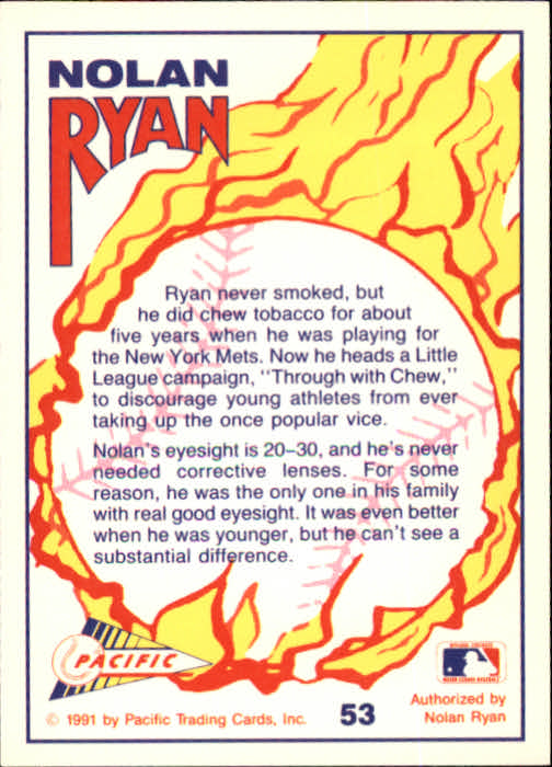 1991 Pacific Ryan Texas Express I #53 Nolan Ryan/Through with Chew back image