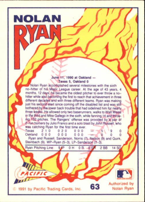 1991 Pacific Ryan Texas Express I #63 Nolan Ryan/Last Pitch No-Hitter Number 6 back image