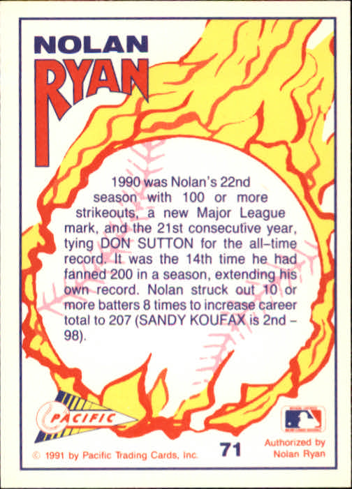 1991 Pacific Ryan Texas Express I #71 Nolan Ryan/22 Seasons with/100 or more Strikeout back image