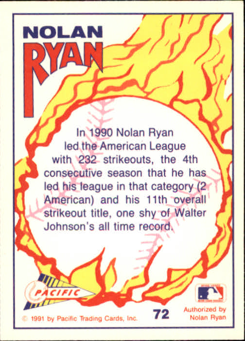 1991 Pacific Ryan Texas Express I #72 Nolan Ryan/11th Strikeout Title back image