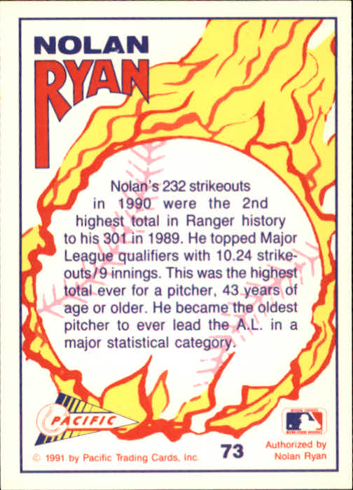 1991 Pacific Ryan Texas Express I #73 Nolan Ryan/232 Strikeouts in 1990 back image