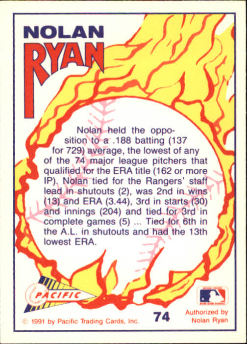 1991 Pacific Ryan Texas Express I #74 Nolan Ryan/The 1990 Season back image