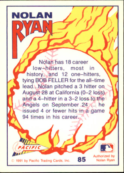 1991 Pacific Ryan Texas Express I #85 Nolan Ryan/18 Career Low-Hitters back image