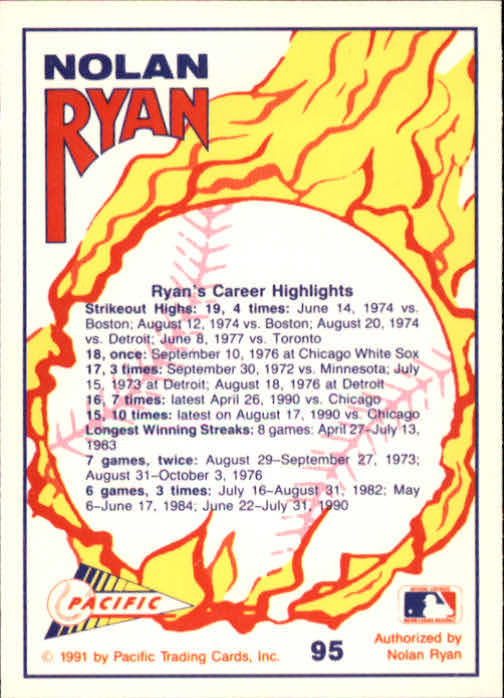 1991 Pacific Ryan Texas Express I #95 Nolan Ryan/The High Leg Kick back image
