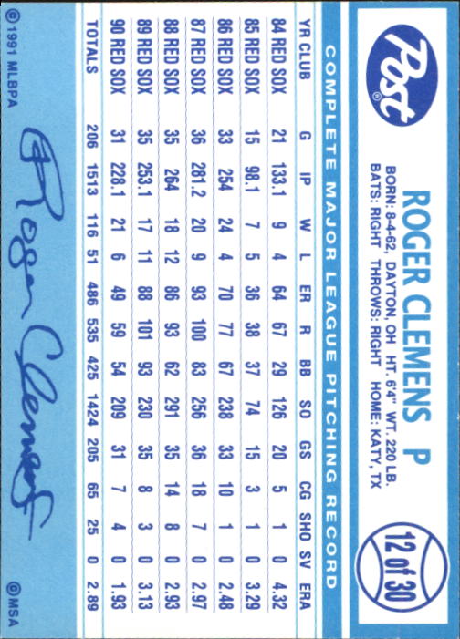 1991 Post #12 Roger Clemens back image