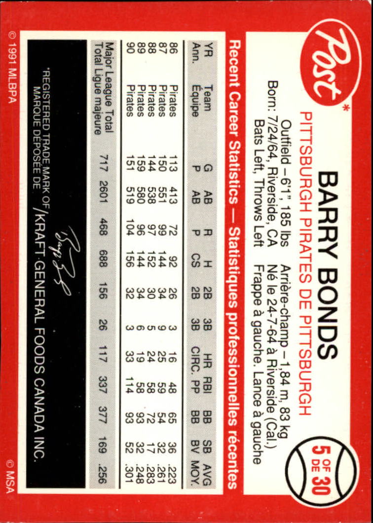 1991 Post Canadian #5 Barry Bonds UER/(Career BA .256,/should be .265) back image