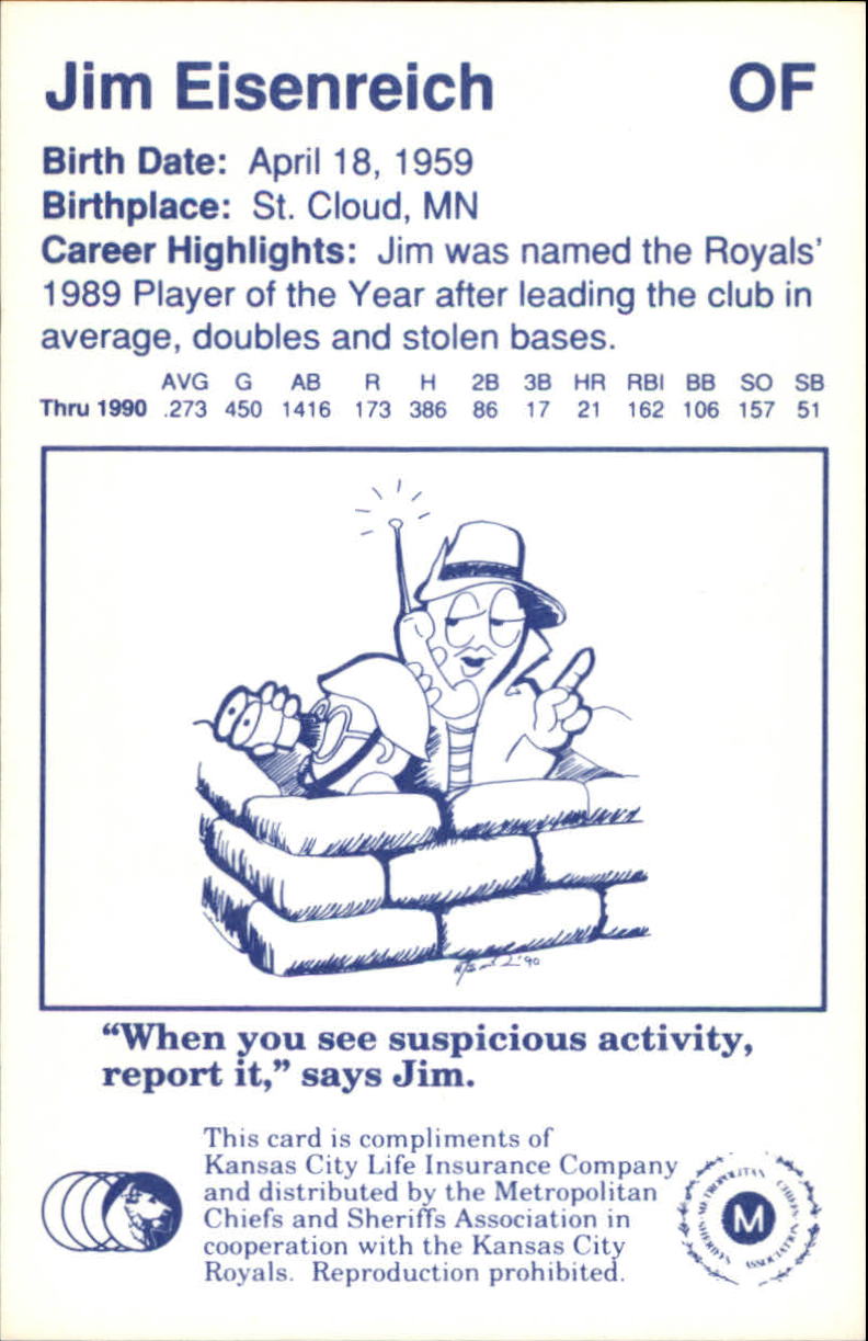 1991 Royals Police #8 Jim Eisenreich back image