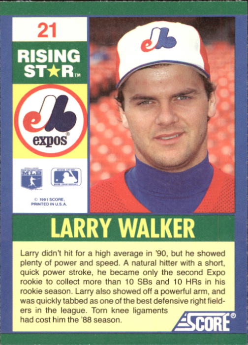 1991 Score 100 Rising Stars #21 Larry Walker back image