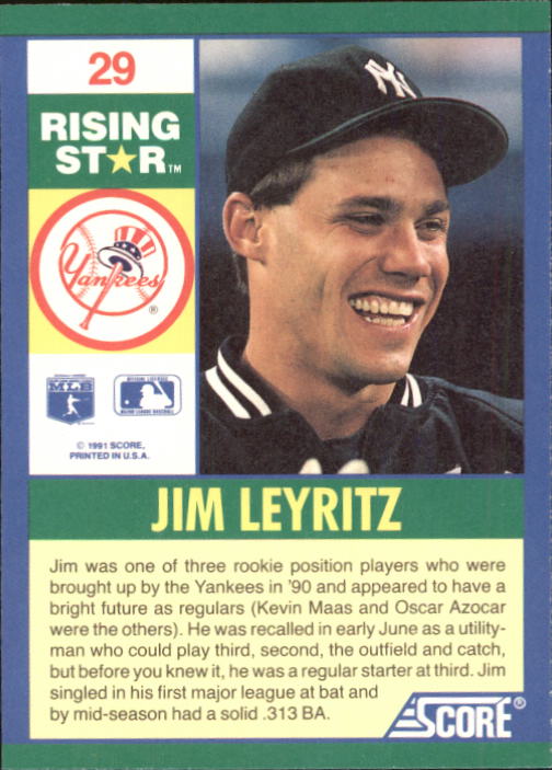 1991 Score 100 Rising Stars #29 Jim Leyritz back image
