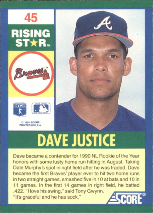 1991 Score 100 Rising Stars #45 Dave Justice back image