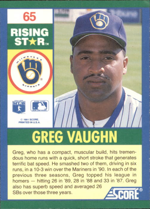 1991 Score 100 Rising Stars #65 Greg Vaughn back image