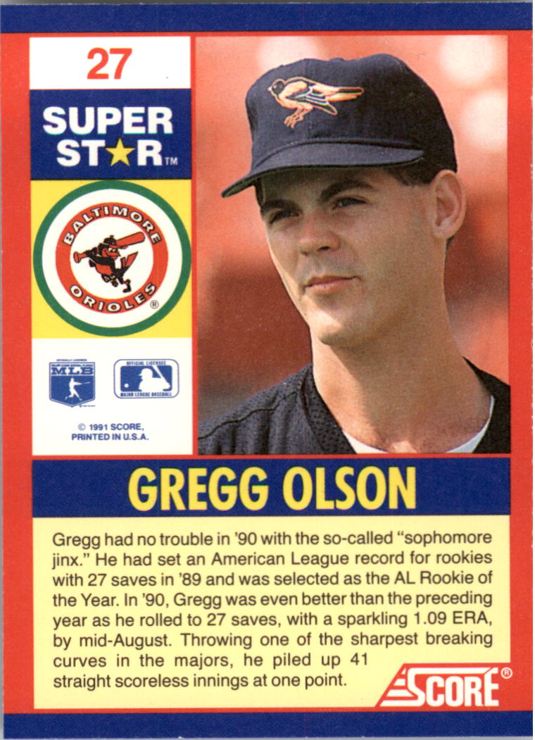 1991 Score 100 Superstars #27 Gregg Olson back image