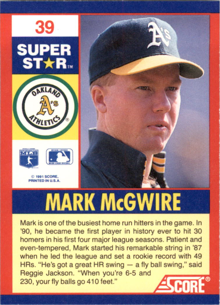 1991 Score 100 Superstars #39 Mark McGwire back image