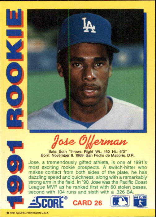 1991 Score Rookies #26 Jose Offerman back image