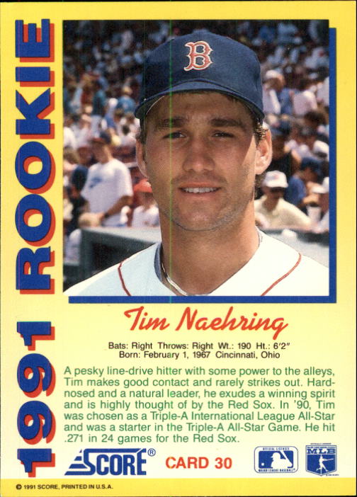 1991 Score Rookies #30 Tim Naehring back image