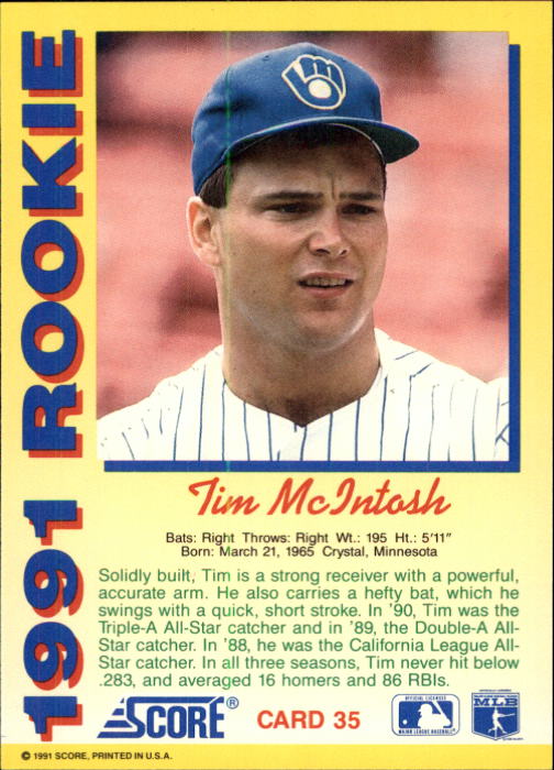 1991 Score Rookies #35 Tim McIntosh back image