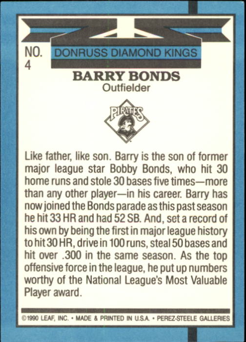 1991 Donruss #4 Barry Bonds DK back image
