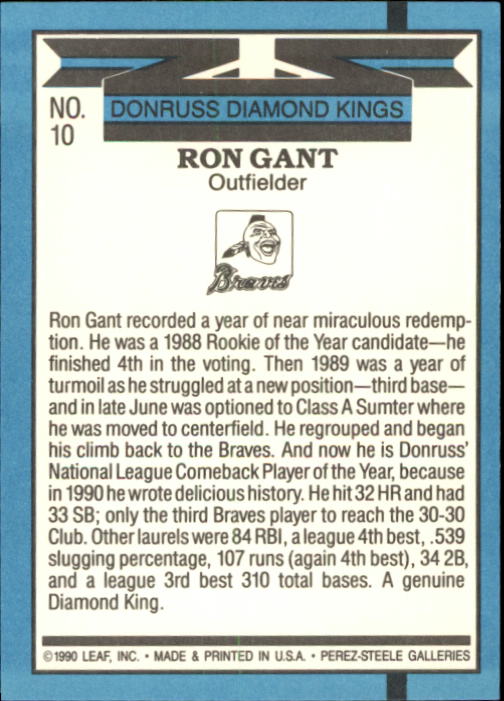 1991 Donruss #10 Ron Gant DK UER/No trademark on/team logo on back back image