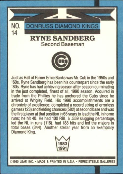 1991 Donruss #14 Ryne Sandberg DK UER/Was DK in '85, not/'83 as shown back image