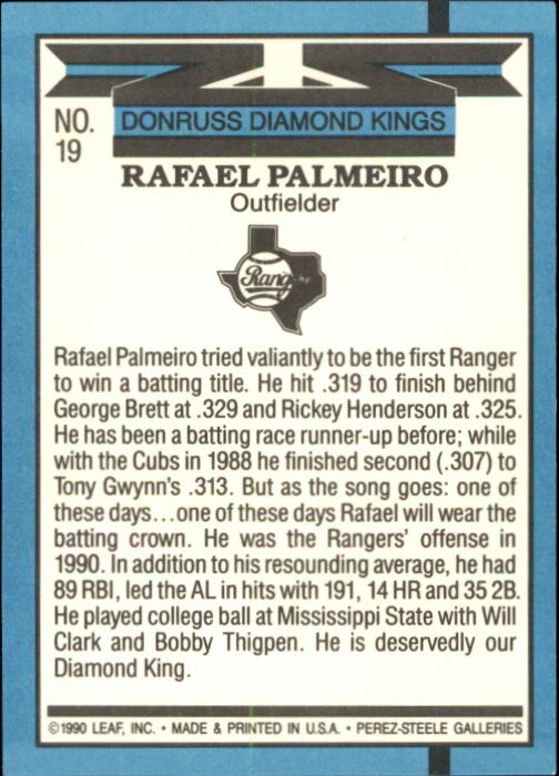 1991 Donruss #19 Rafael Palmeiro DK/UER No trademark on/team logo on back back image