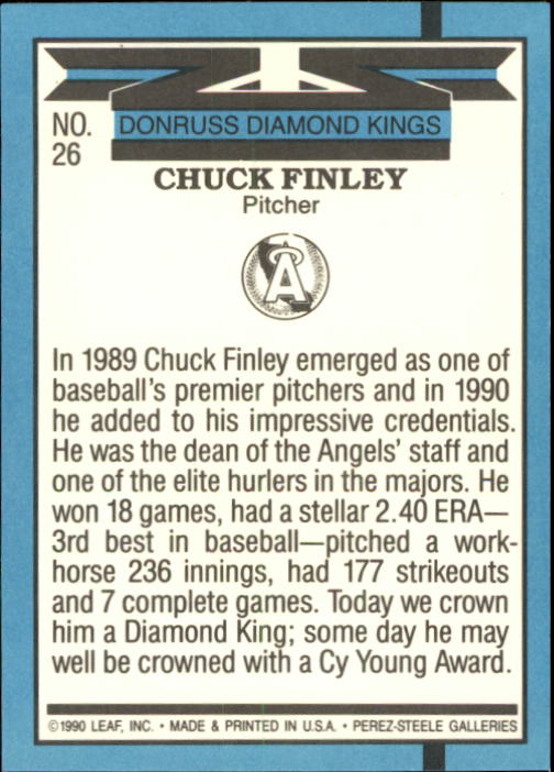1991 Donruss #26 Chuck Finley DK UER/No trademark on/team logo on back back image