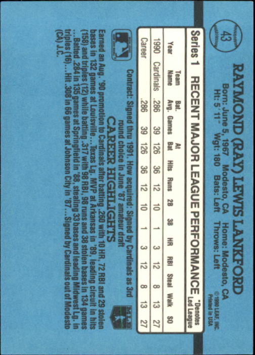 1991 Donruss #43 Ray Lankford RR back image